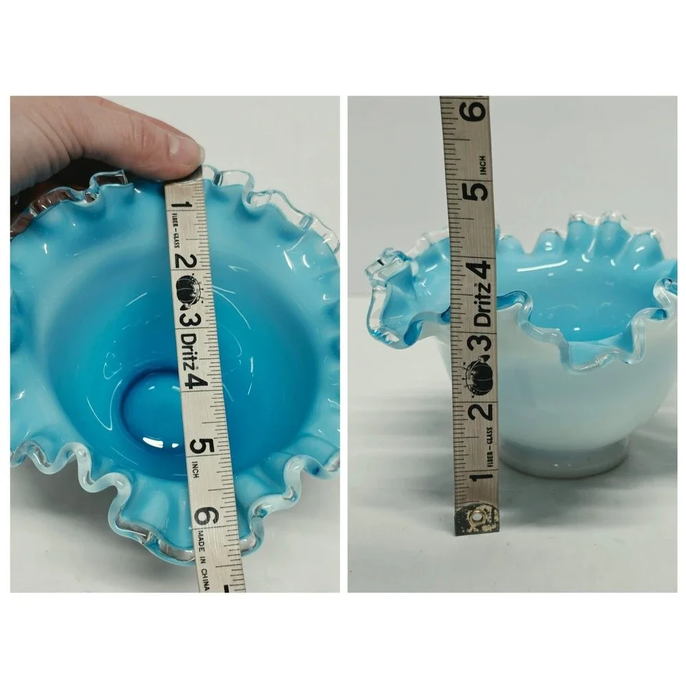 Fenton Teal White Bowl Silver Jamestown Blue Glass Vintage Ruffle Edge MCM